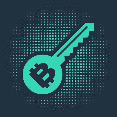 Green Cryptocurrency key icon isolated on blue background. Concept of cyber security or private key, digital key with technology interface. Abstract circle random dots. Vector Illustrationのイラスト素材