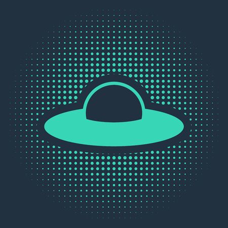 Green UFO flying spaceship icon isolated on blue background. Flying saucer. Alien space ship. Futuristic unknown flying object. Abstract circle random dots. Vector Illustrationのイラスト素材