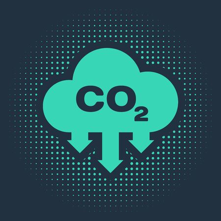 Green CO2 emissions in cloud icon isolated on blue background. Carbon dioxide formula symbol, smog pollution concept, environment concept. Abstract circle random dots. Vector Illustrationのイラスト素材
