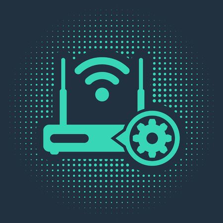 Green Router and wifi signal and gear icon isolated on blue background.のイラスト素材