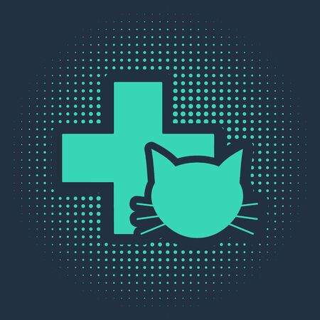 Green Veterinary clinic symbol icon isolated on blue background. Cross with cat veterinary care. Pet First Aid sign. Abstract circle random dots. Vector Illustrationのイラスト素材
