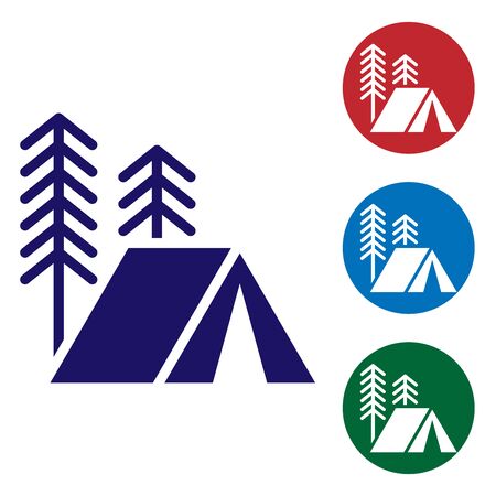 Blue Tourist tent icon isolated on white background. Camping symbol. Set color icons in circle buttons. Vector Illustrationのイラスト素材