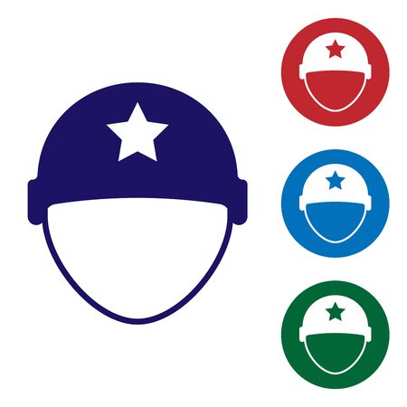 Blue Military helmet icon isolated on white background. Army hat symbol of defense and protect. Protective hat. Set color icons in circle buttons. Vector Illustrationのイラスト素材