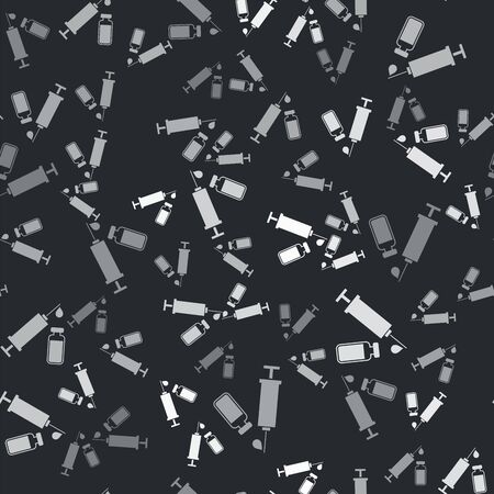 Grey Medical syringe with needle and vial or ampoule icon isolated seamless pattern on black background. Vaccination, injection, vaccine, insulin concept. Vector Illustrationのイラスト素材