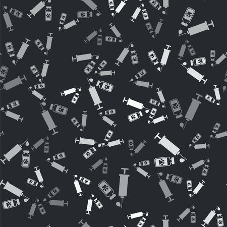 Grey Syringe with pet vaccine icon isolated seamless pattern on black background. Dog or cat paw print. Vector Illustrationのイラスト素材