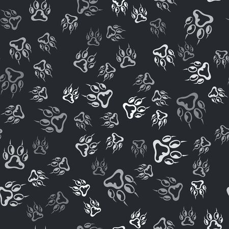 Grey Paw print icon isolated seamless pattern on black background. Dog or cat paw print. Animal track. Vector Illustrationのイラスト素材