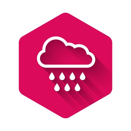 White Cloud with rain icon isolated with long shadow. Rain cloud precipitation with rain drops. Pink hexagon button. Vector Illustrationのイラスト素材