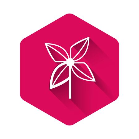 White Pinwheel icon isolated with long shadow. Windmill toy icon. Pink hexagon button. Vector Illustrationのイラスト素材