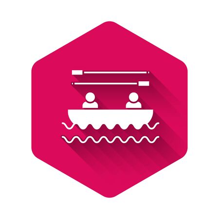 White Boat with oars and people icon isolated with long shadow. Water sports, extreme sports, holiday, vacation, team building. Pink hexagon button. Vector Illustrationのイラスト素材