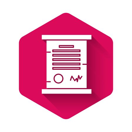 White Decree, paper, parchment, scroll icon icon isolated with long shadow. Pink hexagon button. Vector Illustrationのイラスト素材