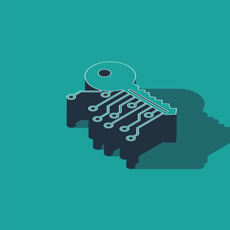 Isometric Cryptocurrency key icon isolated on green background. Concept of cyber security or private key, digital key with technology interface. Vector Illustrationのイラスト素材