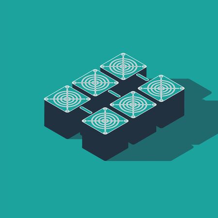 Isometric Mining farm icon isolated on green background. Cryptocurrency mining, blockchain technology, bitcoin, digital money market, cryptocoin wallet. Vector Illustrationのイラスト素材