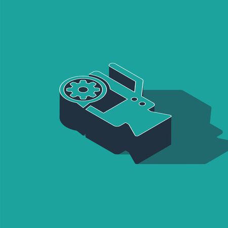 Isometric Video camera and gear icon isolated on green background. Adjusting app, service concept, setting options, maintenance, repair, fixing. Vector Illustrationのイラスト素材