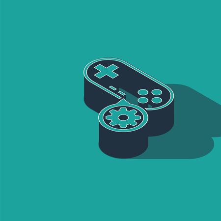 Isometric Gamepad and gear icon isolated on green background. Adjusting app, service concept, setting options, maintenance, repair, fixing. Vector Illustrationのイラスト素材