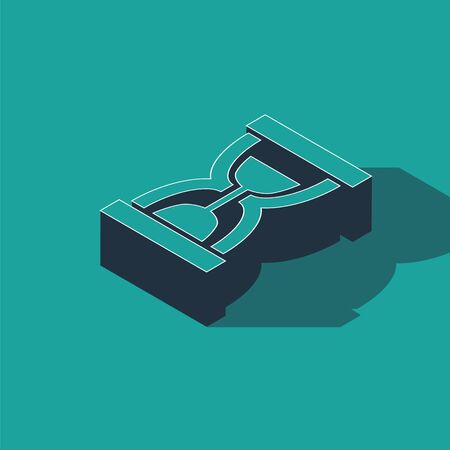 Isometric Old hourglass with flowing sand icon isolated on green background. Sand clock sign. Business and time management concept. Vector Illustrationのイラスト素材