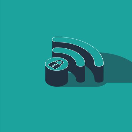 Isometric Wifi locked sign icon isolated on green background. Password Wi-fi symbol. Wireless Network icon. Wifi zone. Vector Illustrationのイラスト素材