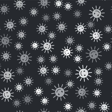 Grey Cute sun with smile icon isolated seamless pattern on black background. Funny smiling sun. Happy sunny smile. Vector Illustrationのイラスト素材