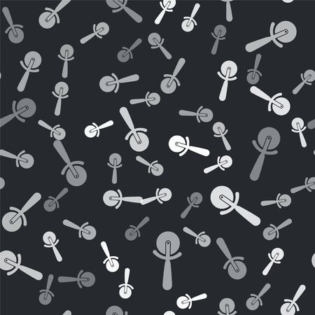 Grey Pizza knife icon isolated seamless pattern on black background. Pizza cutter sign. Steel kitchenware equipment. Vector Illustrationのイラスト素材