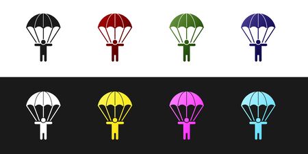 Set Parachute and silhouette person icon isolated on black and white background. Vector Illustrationのイラスト素材