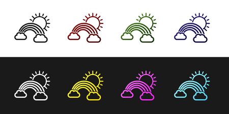 Set Rainbow with clouds and sun icon isolated on black and white background. Vector Illustrationのイラスト素材