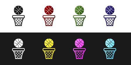 Set Basketball ball and basket icon isolated on black and white background. Ball in basketball hoop. Vector Illustrationのイラスト素材