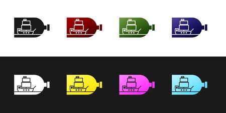 Set Glass bottle with ship inside icon isolated on black and white background. Miniature model of marine vessel. Hobby and sea theme. Vector Illustrationのイラスト素材