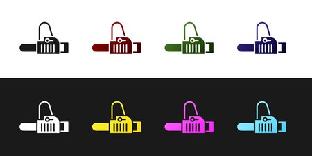 Set Chainsaw icon isolated on black and white background. Vector Illustrationのイラスト素材