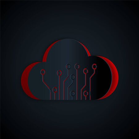 Paper cut Internet of things icon isolated on black background. Cloud computing design concept. Digital network connection. Paper art style. Vector Illustrationのイラスト素材