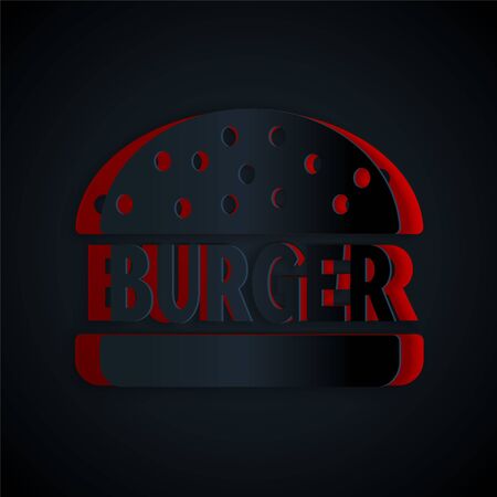 Paper cut Burger icon isolated on black background. Hamburger icon. Cheeseburger sandwich sign. Paper art style. Vector Illustrationのイラスト素材