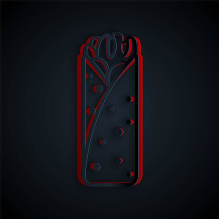 Paper cut Burrito icon isolated on black background. Traditional mexican fast food. Paper art style. Vector Illustrationのイラスト素材