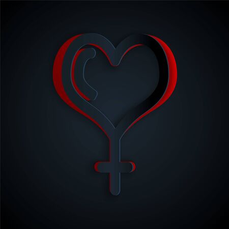 Paper cut Female gender symbol and heart icon isolated on black background. Venus symbol. The symbol for a female organism or woman. Paper art style. Vector Illustrationのイラスト素材
