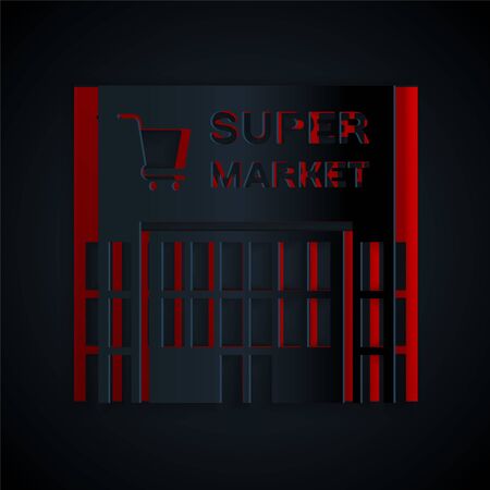 Paper cut Supermarket building with shopping cart icon isolated on black background. Shop or store. Mall building. Paper art style. Vector Illustrationのイラスト素材