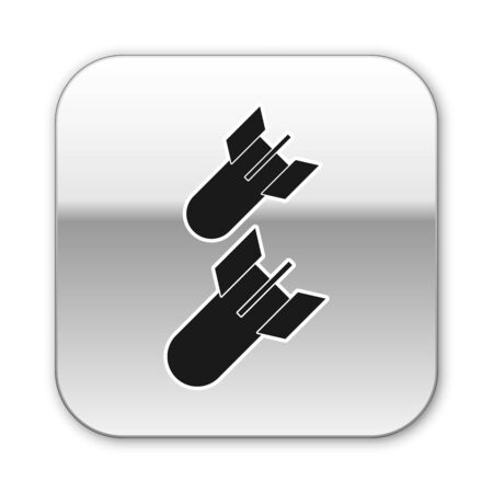 Black Aviation bomb icon isolated on white background. Rocket bomb flies down. Silver square button. Vector Illustrationのイラスト素材