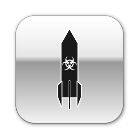 Black Biohazard rocket icon isolated on white background. Rocket bomb flies down. Silver square button. Vector Illustrationのイラスト素材