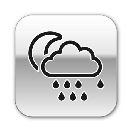 Black Cloud with rain and moon icon isolated on white background. Rain cloud precipitation with rain drops. Silver square button. Vector Illustrationのイラスト素材