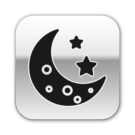 Black Moon and stars icon isolated on white background. Silver square button. Vector Illustrationのイラスト素材