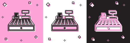 Set Cash register machine with a check icon isolated on pink and white, black background. Cashier...