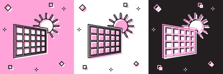 Set Solar energy panel and sun icon isolated on pink and white, black background. Vector...