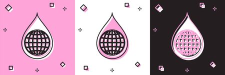 Set Earth planet in water drop icon isolated on pink and white, black background. World globe and water drop. Saving water and world environmental protection. Vector Illustrationのイラスト素材