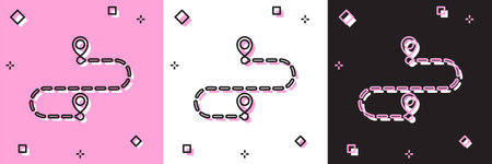 Set Route location icon isolated on pink and white, black background. Map pointer sign. Concept of...