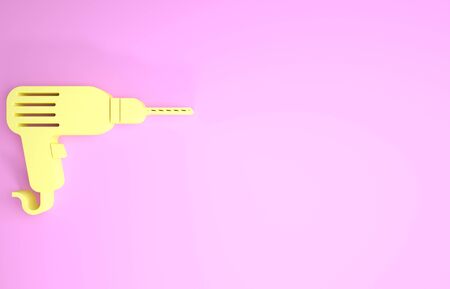 Yellow Drill machine icon isolated on pink background. Minimalism concept. 3d illustration 3D renderの写真素材