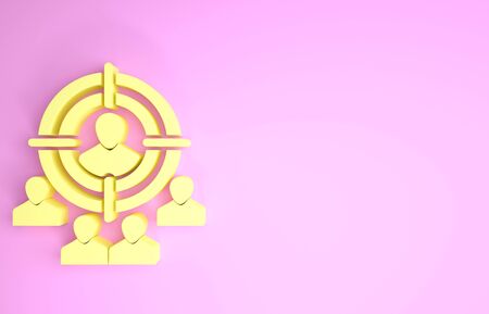 Yellow Marketing target strategy concept icon isolated on pink background. Aim with people sign. Minimalism concept. 3d illustration 3D renderの写真素材