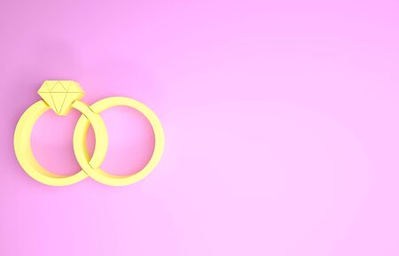 Yellow Wedding rings icon isolated on pink background. Bride and groom jewelery sign. Marriage icon. Diamond ring. Minimalism concept. 3d illustration 3D renderの写真素材