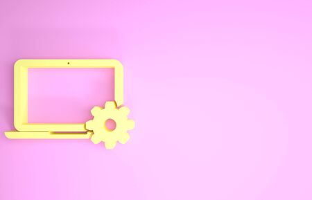 Yellow Laptop and gear icon isolated on pink background. Laptop service concept. Adjusting, service, setting, maintenance, repair, fixing. Minimalism concept. 3d illustration 3D renderの写真素材