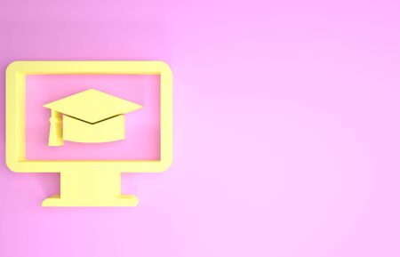 Yellow Computer monitor with graduation cap icon isolated on pink background. Online learning or e-learning concept. Internet knowledge symbol. Minimalism concept. 3d illustration 3D renderの写真素材