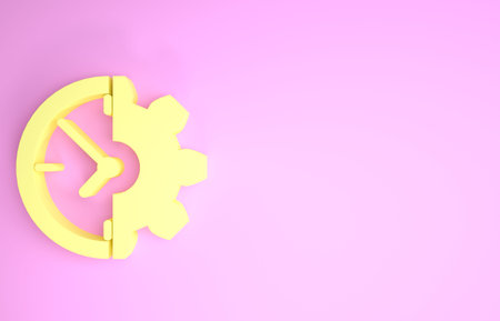 Yellow Clock and gear icon isolated on pink background. Time Management symbol. Business concept....