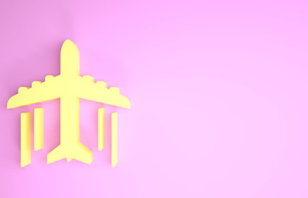 Yellow Plane icon isolated on pink background. Flying airplane icon. Airliner sign. Minimalism...