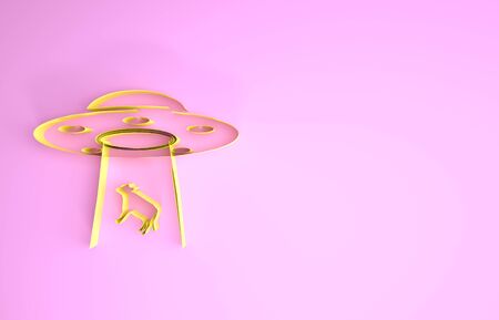 Yellow UFO abducts cow icon isolated on pink background. Flying saucer. Alien space ship. Futuristic unknown flying object. Minimalism concept. 3d illustration 3D renderの写真素材
