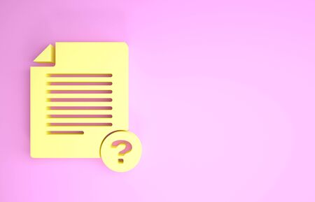 Yellow Unknown document icon isolated on pink background. File with Question mark. Hold report, service and global search sign. Minimalism concept. 3d illustration 3D renderの写真素材