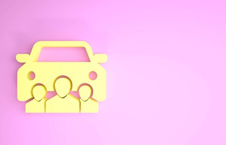 Yellow Car sharing with group of people icon isolated on pink background. Carsharing sign. Transport renting service concept. Minimalism concept. 3d illustration 3D renderの写真素材